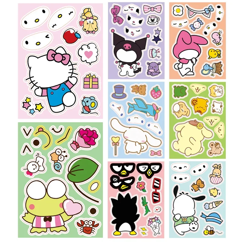 

8Sheets Sanrio Hello Kitty Make A Face Kids Puzzle Stickers Anime Kuromi Melody Figures DIY Assemble Jigsaw Game Stickers Toys