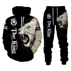 Men's 3D Lion Print Hoodies 2-Piece Sports Hooded Sweatshirt Sweatpant Set Autumn/Winter Casual Outdoor Jogger Tracksuit Outfits