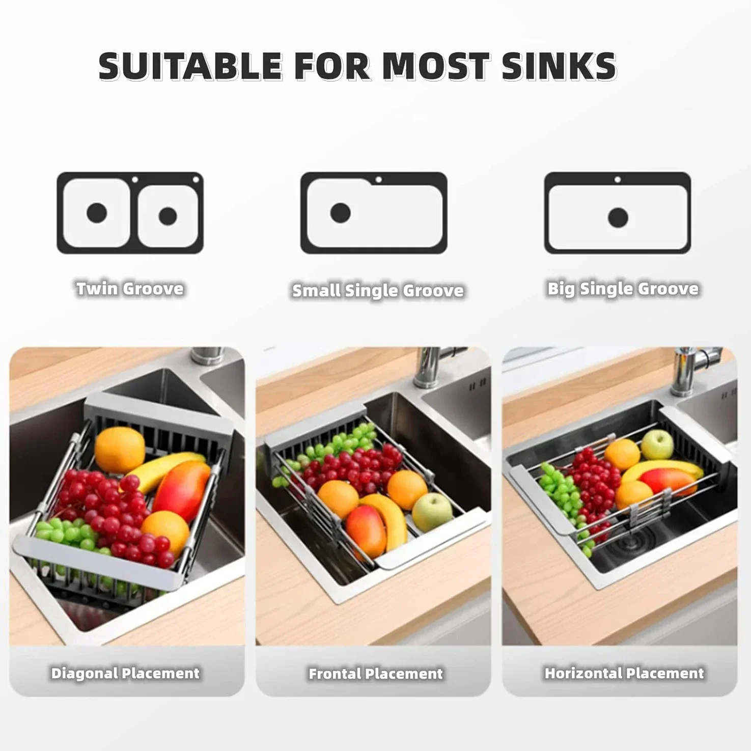 Retractable Drain Basket Stainless Steel Kitchen Dish Rack Vegetable and Fruit Sink Storage Basket Multifunctional Drain Rack