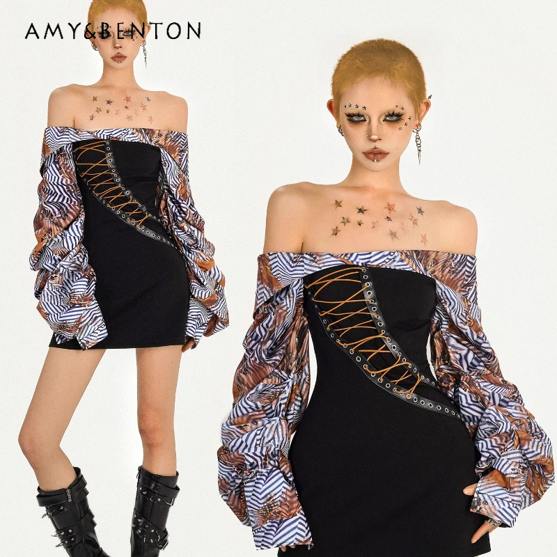 

Original Design Punk Hot Girl Splicing Lace-up Off-Shoulder Dress 2025 Summer Sweet Cool Sexy Elegant Slimming Dresses Ladies