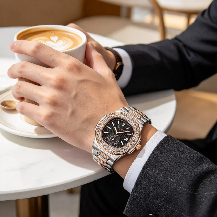 Baguette Stone Bezel Mens Timepiece Blue Textured Dial, Two Tone Silver Rose Gold Integrated Bracelet Alloy Case Modern Bold