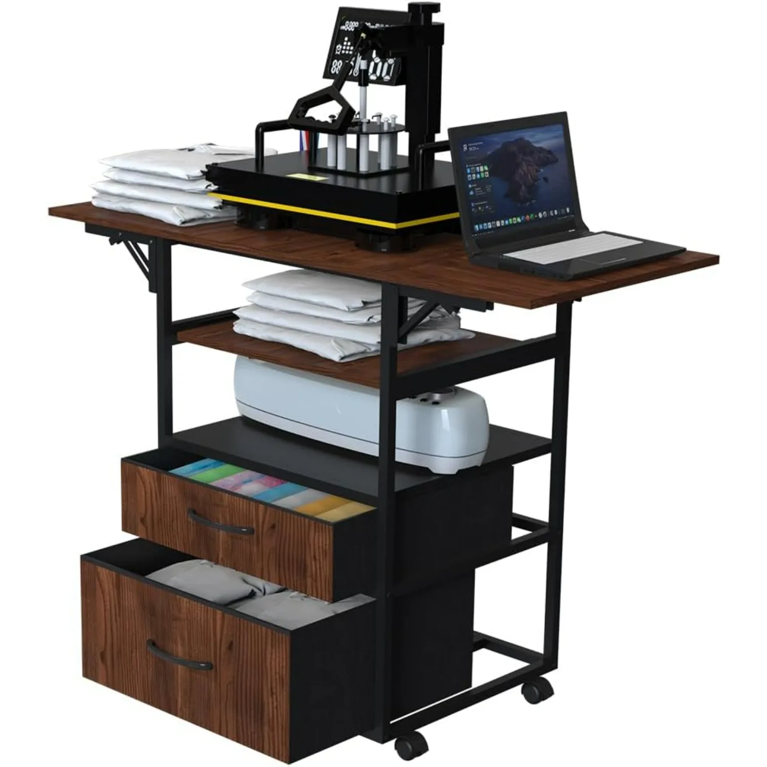 

Movable Heat Press Table with Pull-Out Tray, 4 Tier Foldable Heat Press Stand with Drawers - Heat Press Stand(Brown)