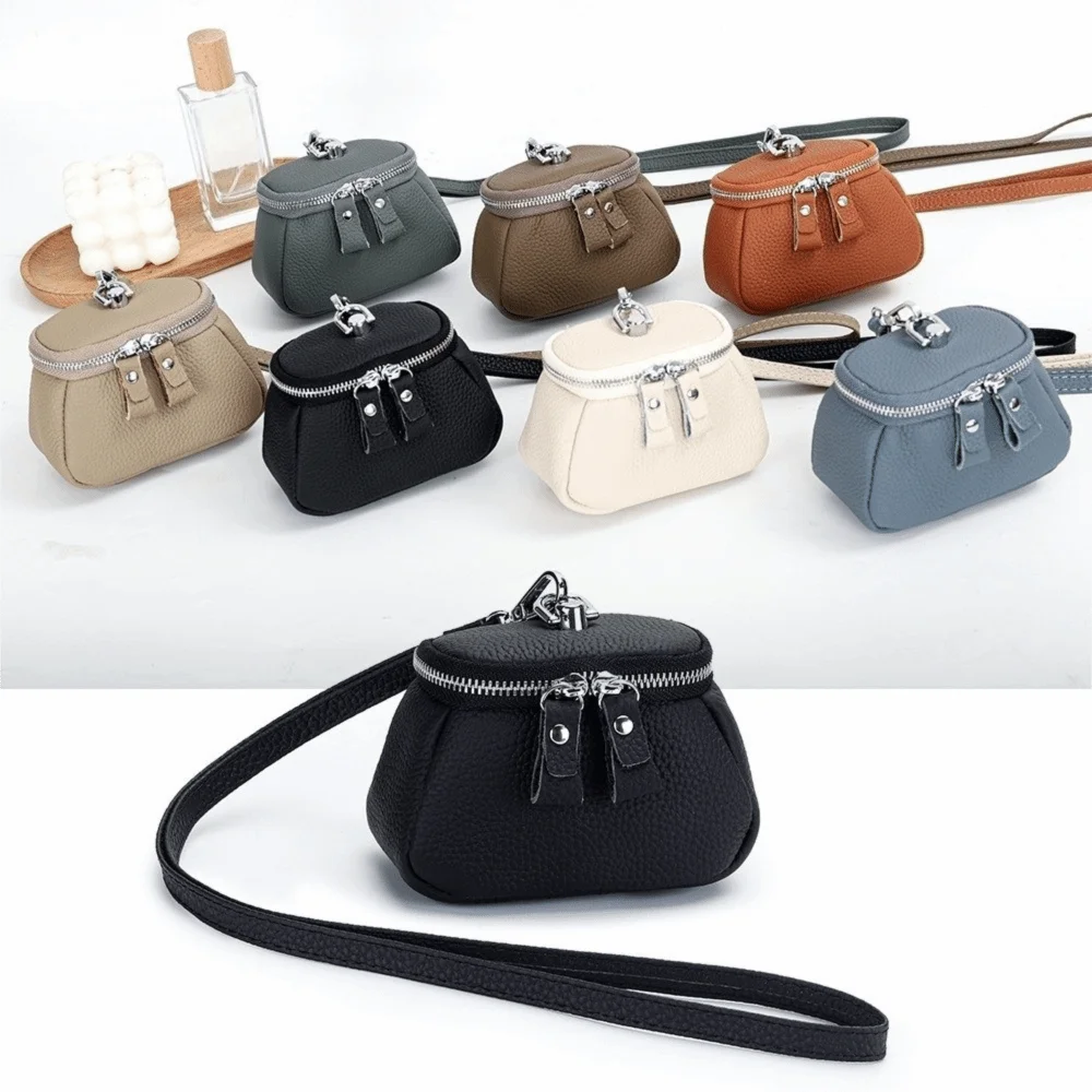 

Solid Color Hanging Neck Coin Purse Genuine Leather Makeup Storage Lanyard Wallet Purse Korean Style Mini Storage Bag
