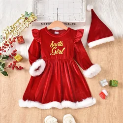 Baby Girls Christmas Dress Velvet Santa Claus Dress Long Sleeve Xmas Princess Party Cosplay Costume Dress With Santa Hat