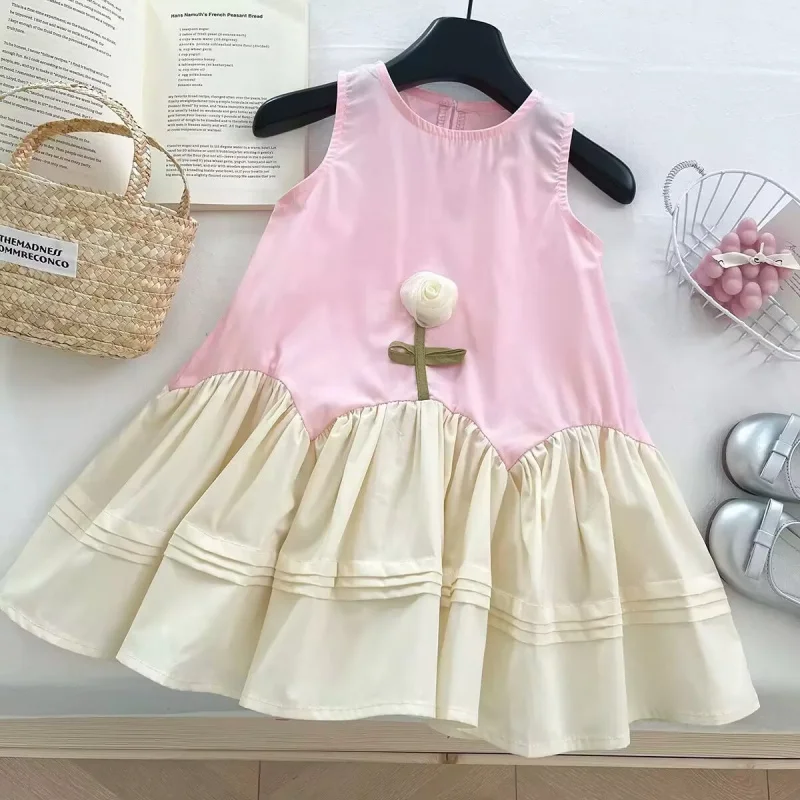 

2025Summer Girls' Dress Floral Sleeveless Dress Baby Girl Color Block Princess Dress Wholesale