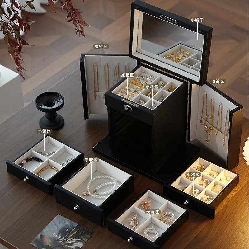 صندوق تخزين المجوهرات، سعة كبيرة، درج متعدد الطبقات، قلادة ذهبية عالية الجودة، صندوق مجوهرات من الخشب الصلب