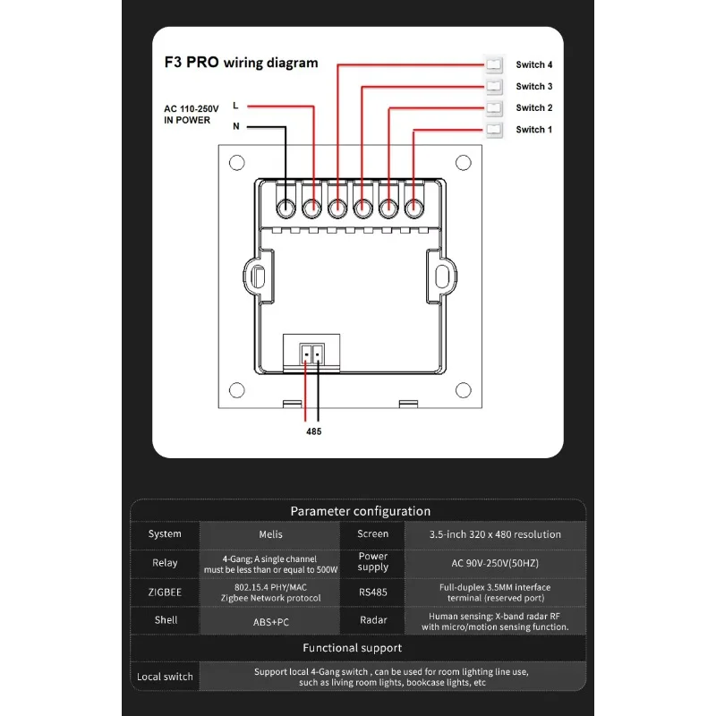 2024 Zigbee 3.5 Inch Smart Screen Home Wall Switches Smart Screen With 4 Groups Scene And 4 Lighting Dimming