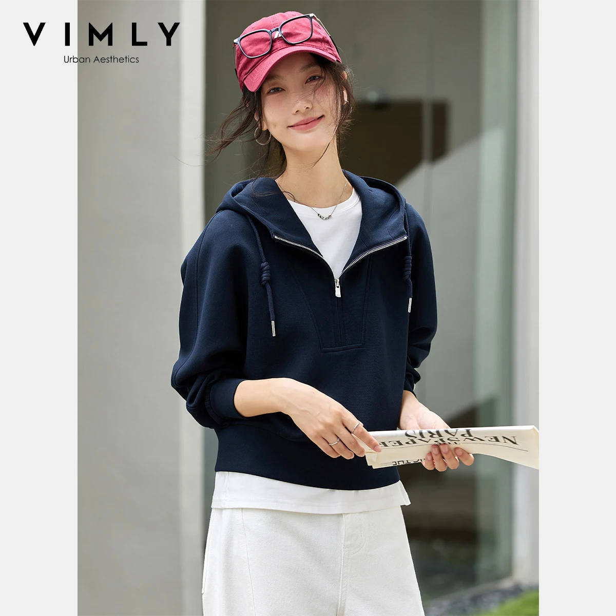 VIMLY ネイビーブルーカジュアルパーカー女性秋 2025 新しいハーフジッパーショートニットセータースポーティなドローストリング長袖トップス A2352