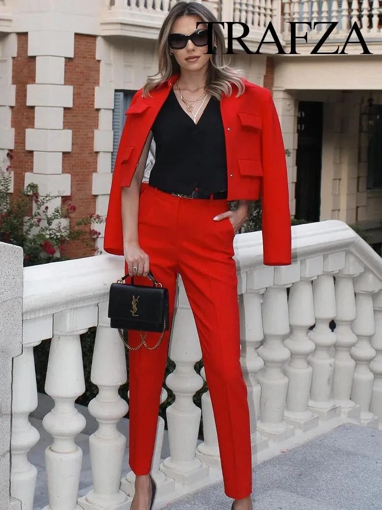 TRAFZA Autumn Winter Women Fashion Single Breasted Turn Down Collar Red Coats+Female Casual Office Lady Slim Pants 2 Piece Suit