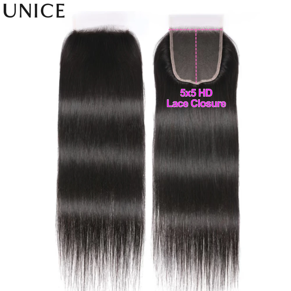 UNice 5x5 HD Lace Closure 26Inch Straight Human Hair Lace Closure 4x4 Transparent Lace Closure 1PC Free Part