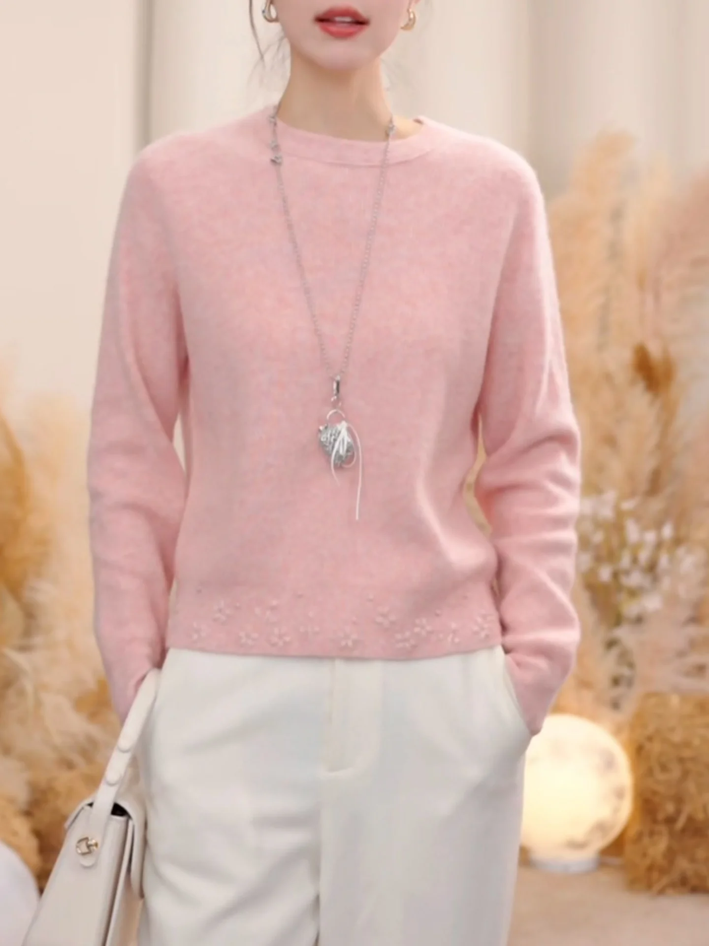 

Мягкий розовый вязаный свитер с круглым вырезом для женщин, корейский стиль, удобный, больших размеров, осень-зима, новинка, элегантный и милый топ