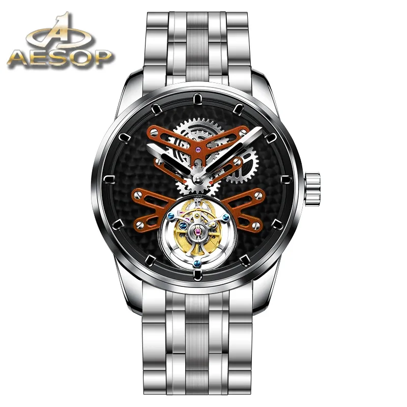 

AESOP Genuine Tourbillon Mechanical Watch For Men Fashion Waterproof Business Trend Watches 7029 Skeleton Dial Steel Strap 2023