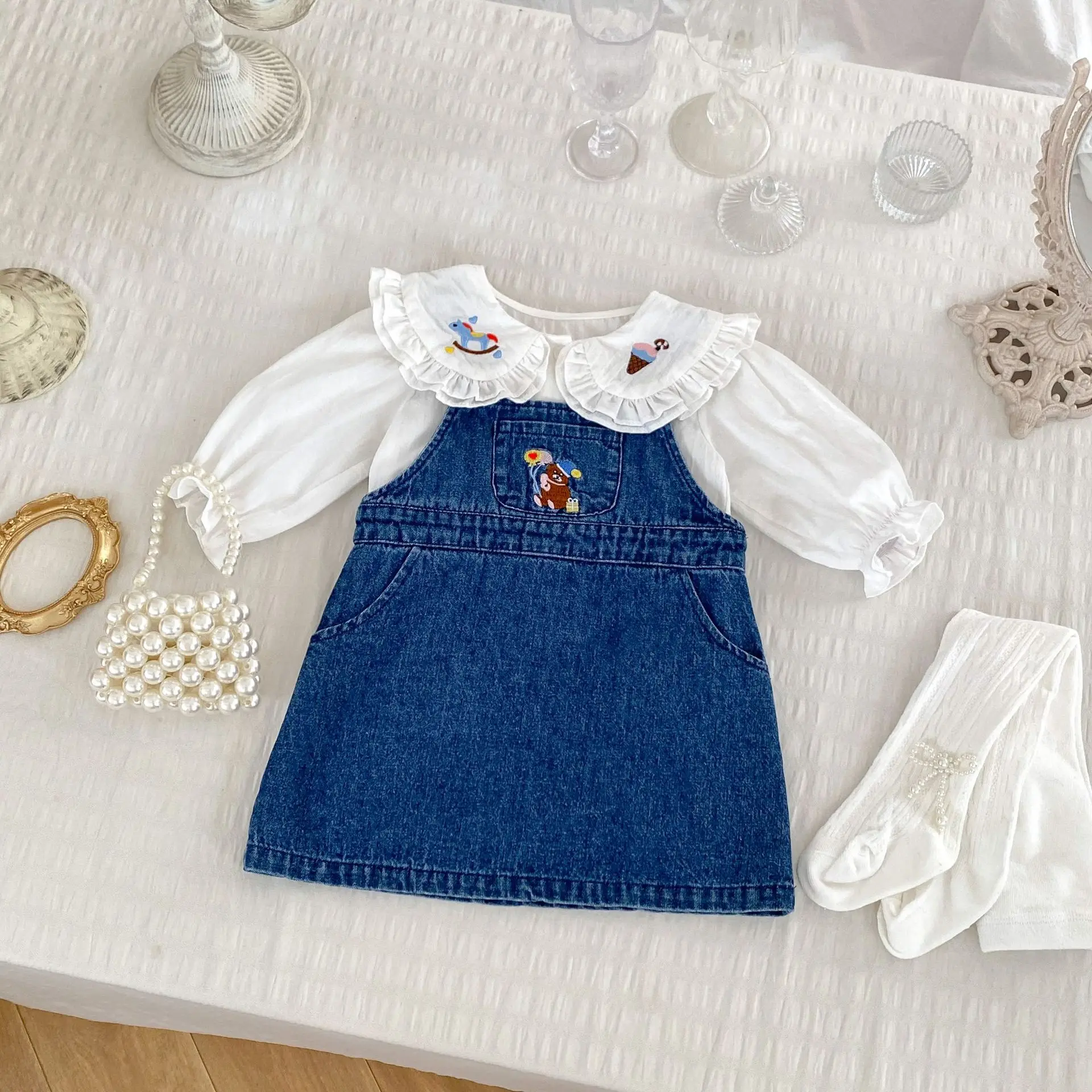 MILANCEL Girls Denim Suspenders Dresses 0-5Y 2024 Autumn New Kid\'s Cartoon Embroidery Shoulder Strap Dress Optional Shirt