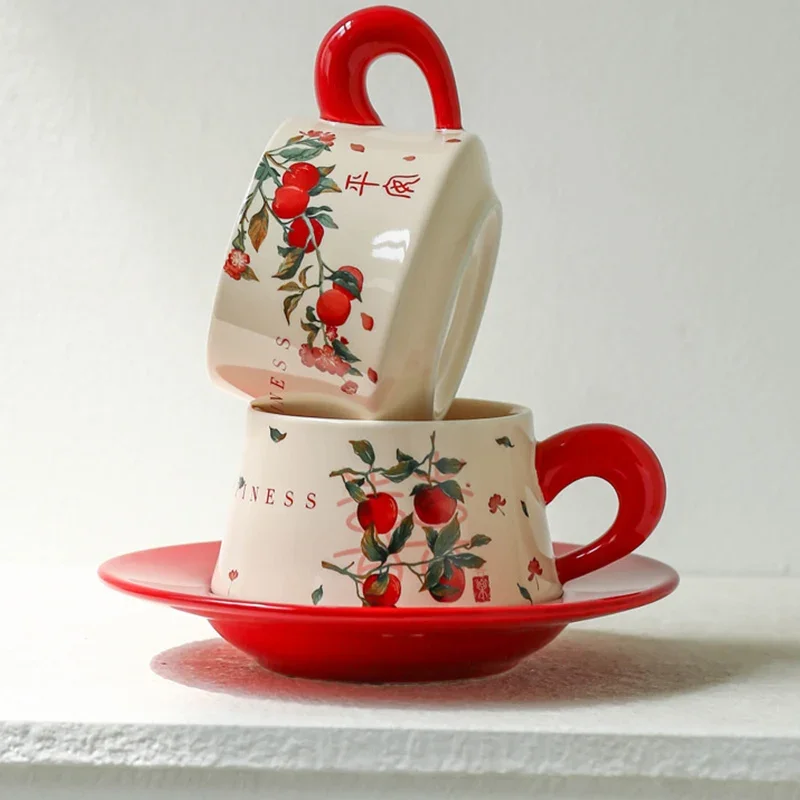New Chinese Style High Temperature Firing Ceramic Coffee Cup and Saucer Gift box packaging Drinkware Afternoon Tea Mug 300ml