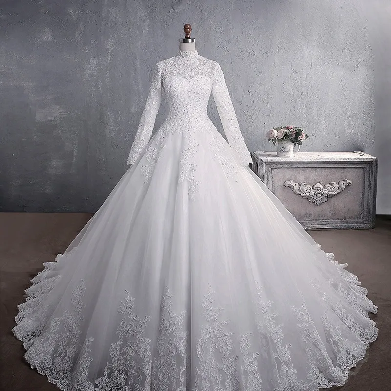 

2025 Spring New Heavy Lace Long Sleeve Bride Stand Collar Large Train Minimalist Wedding Beach Wedding Dress For Women Ball Gown