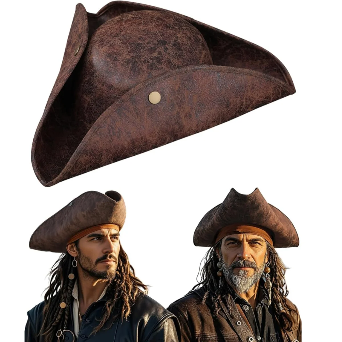 

Капитанская шляпа из искусственной кожи в пиратском стиле, коричневая, с треугольным элементом, винтажная, на пуговицах, для маскарада, вечеринки, Хэллоуина, косплея, костюмированная шляпа