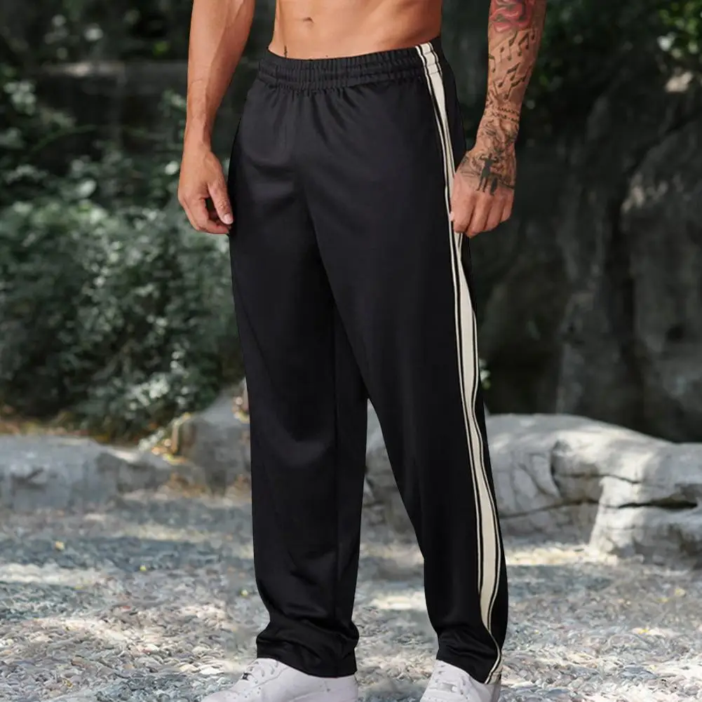 

Elastic Waist Sports Pants Side Stripe Casual Men Full Length Trousers Gym Training Jogging Pants Wide Leg Sports Sweatpants