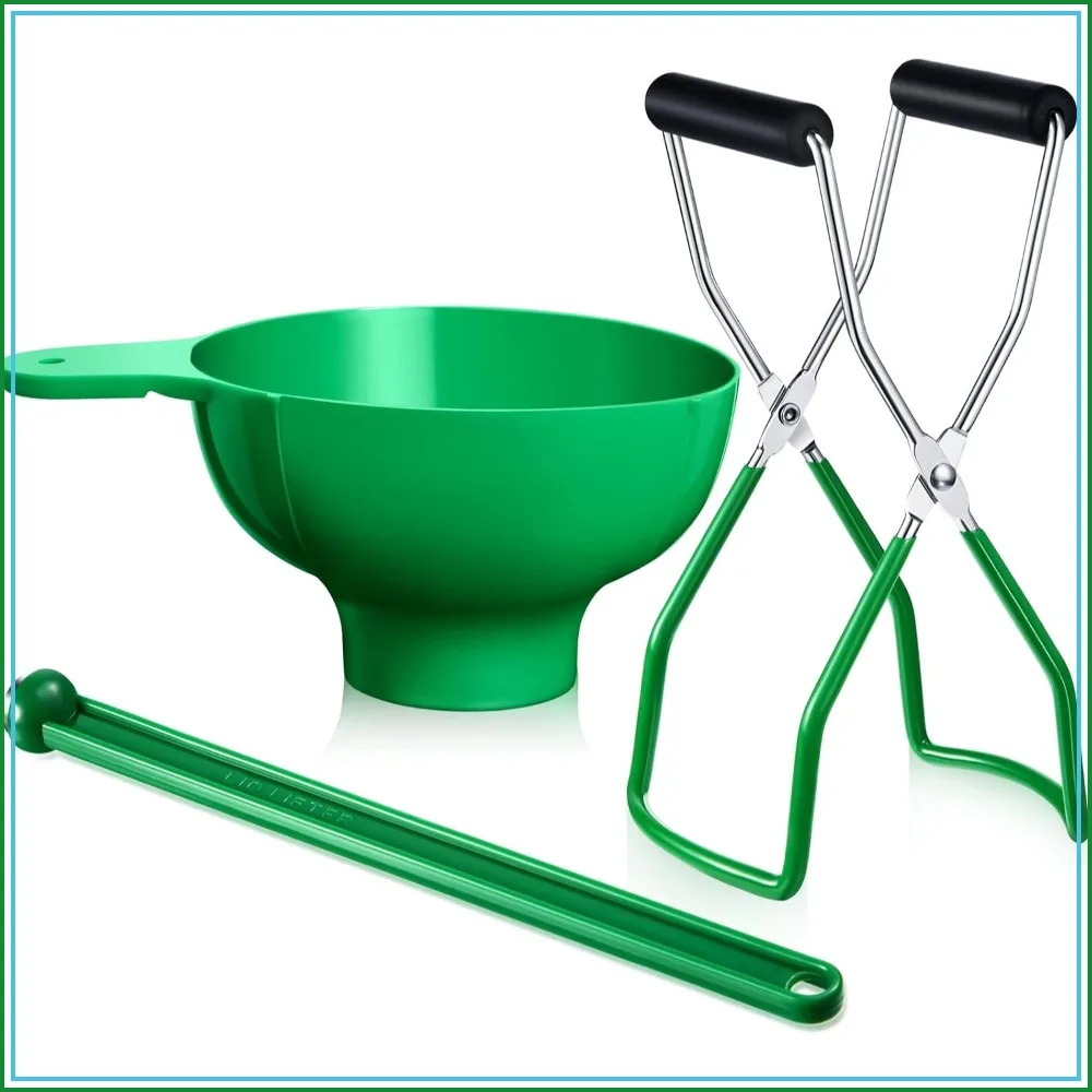3-Piece Canning Essentials Kit with Jar Lifter, Wide Mouth Funnel & Magnetic Lid Wand for Safe Home Canning, Green