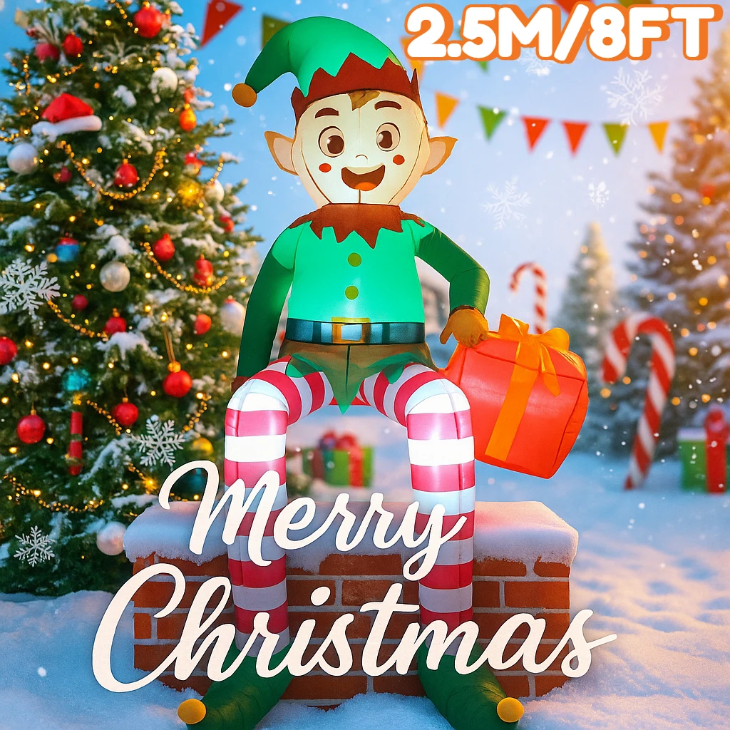 8FT Weihnachten Aufblasbare Outdoor Spielzeug Sitzende Elf Halten Geschenk Tasche Blow Up Gebautes LED Licht Weihnachten Party Decor Aufblasbare Spielzeug