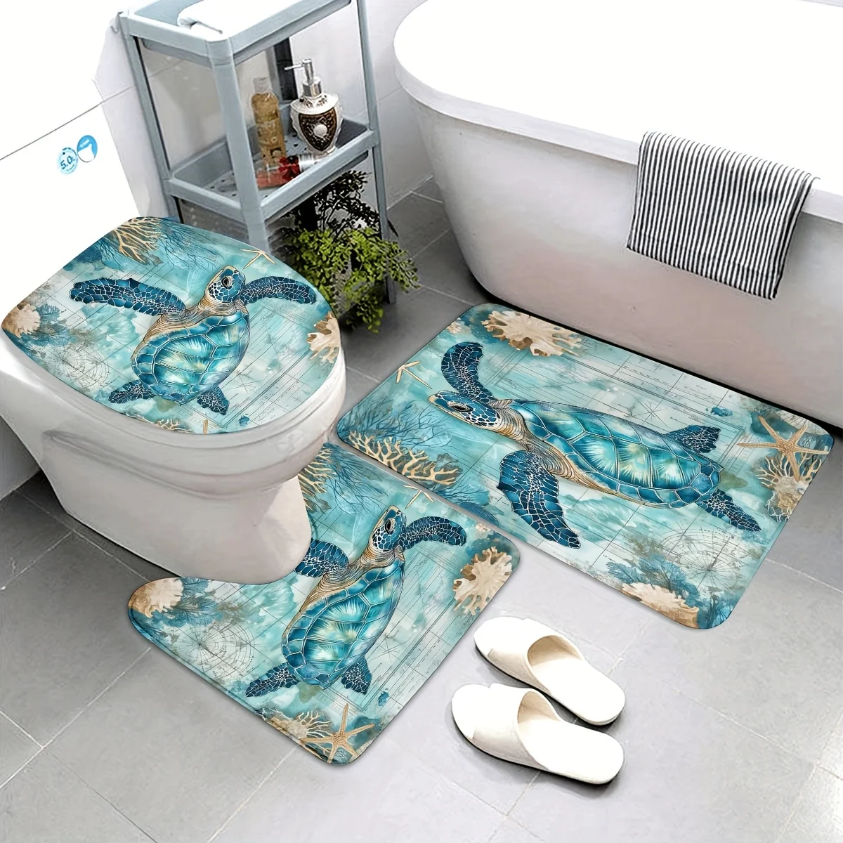 

3D Printed Sea Turtle Bathroom Rugs Set 3pcs Non Slip Waterproof Floor Mats for Toilet Sink Shower Area Home Decor