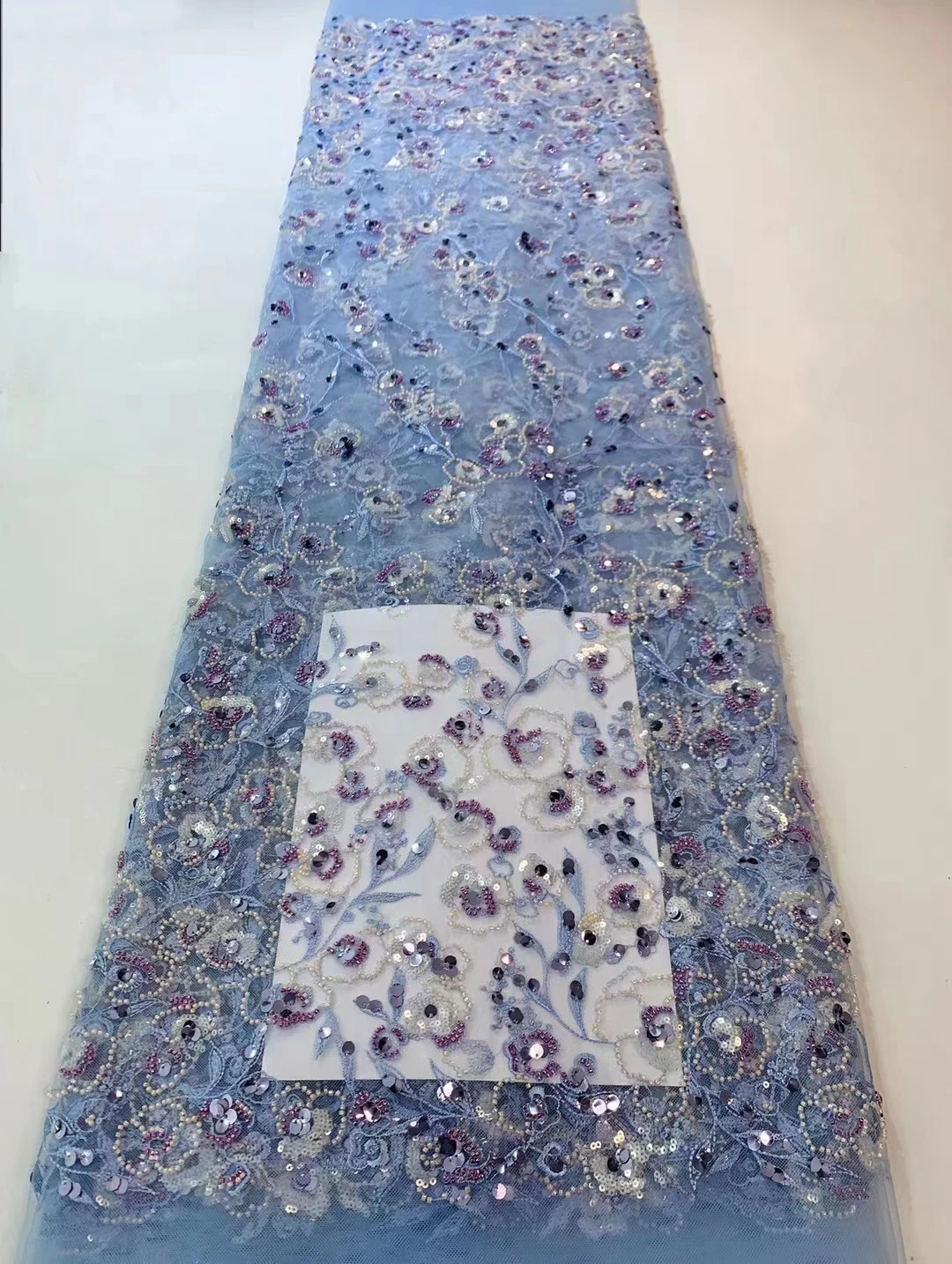 

Sky Blue Handmade Beaded High Quality 5Yards Lace African Luxury Sequin Mesh Fabric Nigeria For Women Prom Party Dress SewQF0833