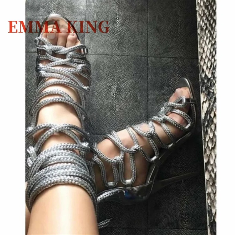 الصيف النساء الدانتيل متابعة صنادل طراز جلاديتور حبل التفاف اللمحة تو صندل عالي الكعب مثير نادي فستان الحفلات أحذية السيدات الكاحل حزام صندل