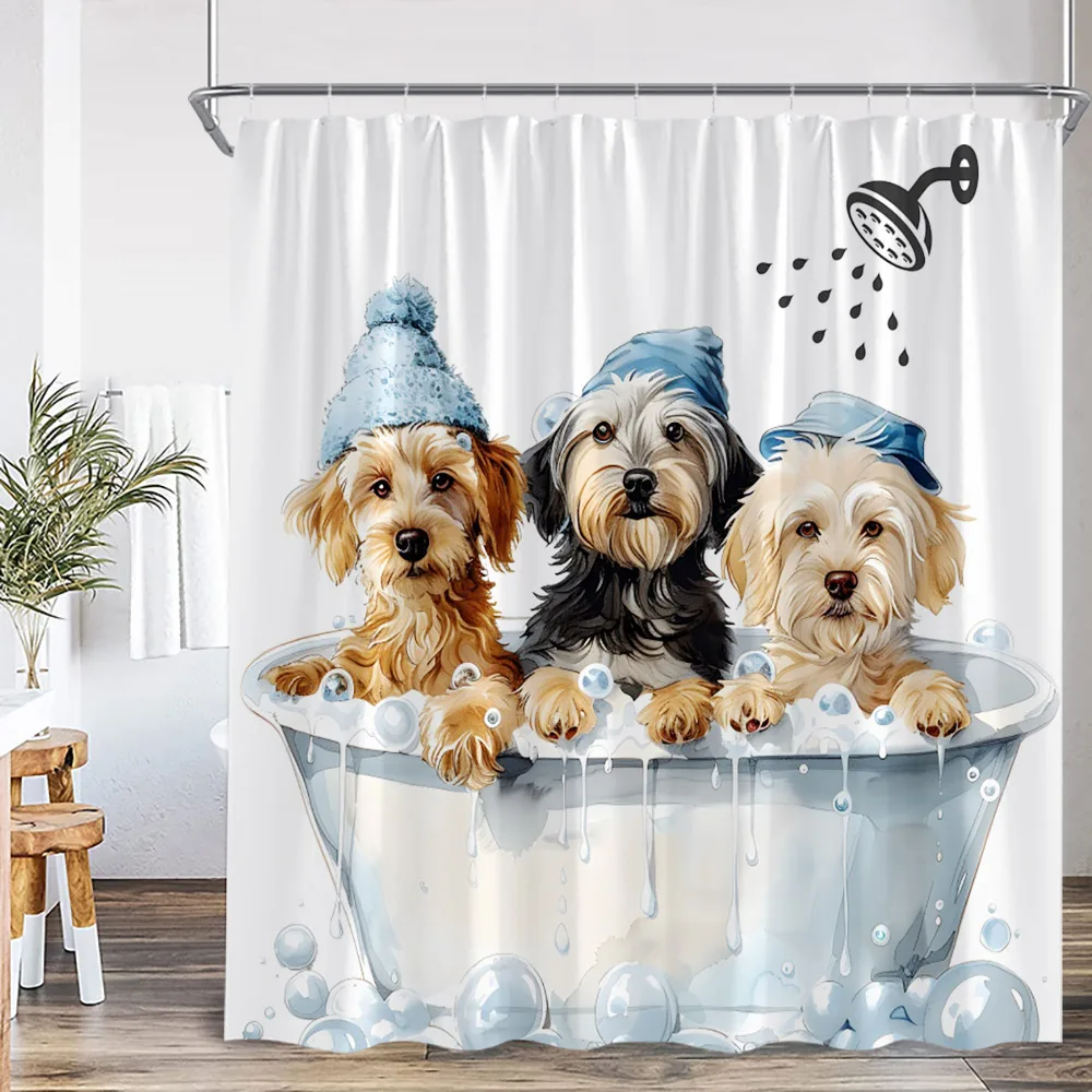 Funny Animal Cartoon Shower Curtain Bathing Dog Farm Animals Farmhouse Bathroom Decor Kid Child Polyester Bath Curtain with Hook