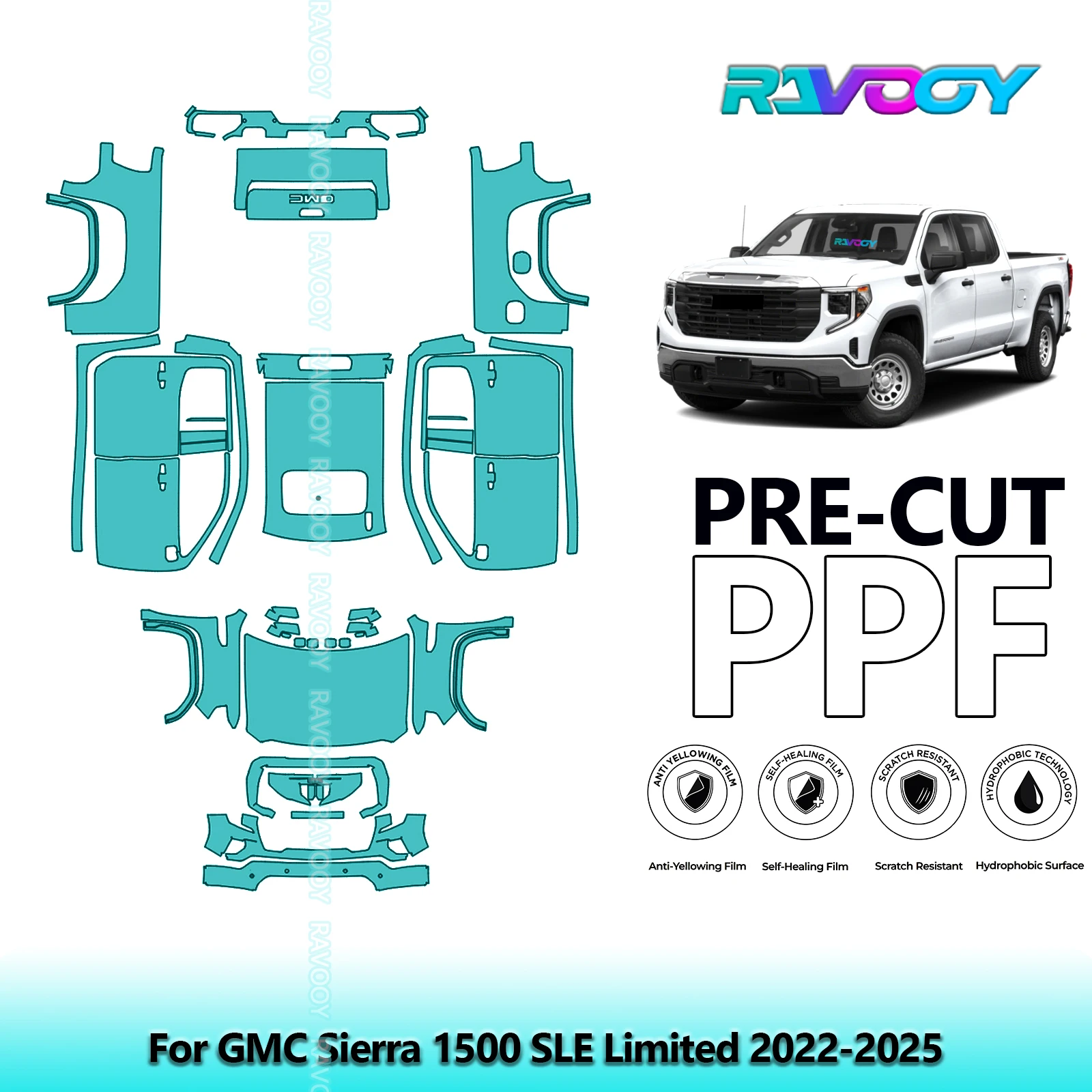 RAVOOY 8.5Mil Custom-Fit Precut TPU PPF Full Vehicle Clear Bra Stone Guard EU UK For GMC Sierra 1500 SLE Limited 2022-2026