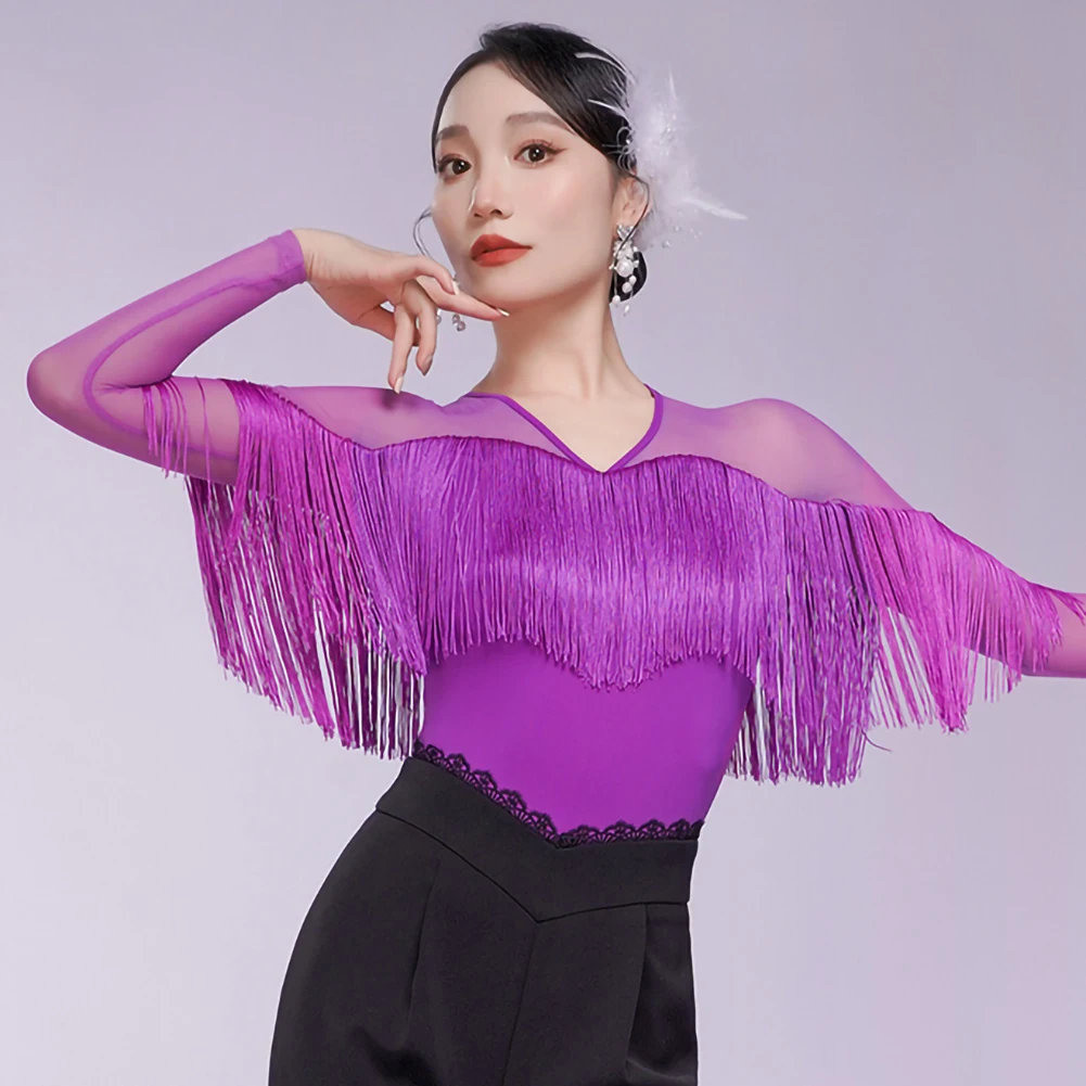 

Purple Practice Tassel Top New Latin Dance Black Slim Long Sleeve Plum Red Dance V-Neck Performance National Standard Dance Top