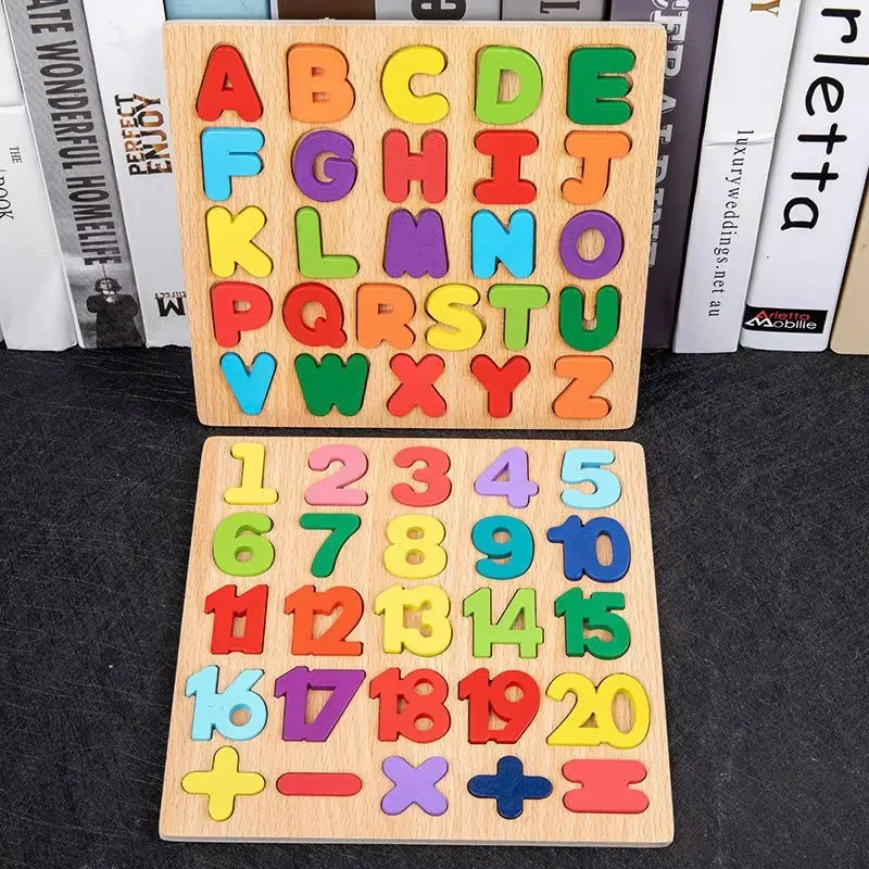 Montessori Wooden Puzzle 3D Alphabet Letters Number Matching Game Baby Kids Toys Education Learning Toy for Children 2 to 4 Year