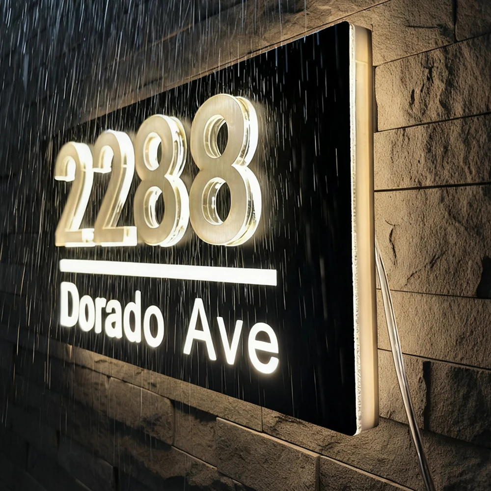 Custom House Number Sign Personalized Light Exterior LED Light House Plaque 3D Laser Cutting Street Family Name Door Sign Gift