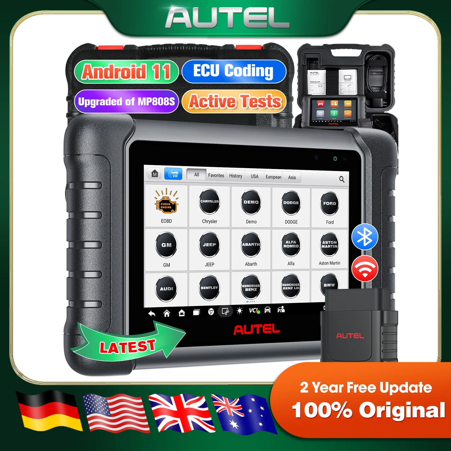 Autel Scanner MaxiPRO MP808BT PRO ECU Coding w/ 2-Year Free Update Same as MS906 PRO MS906MAX MP900BT Bidirectional & 3000+ Test 30+ Service for 200+ Brands Up of MK900BT MK900 MX900 MK808S Android 11 PK DS808 MP808S MP808BT