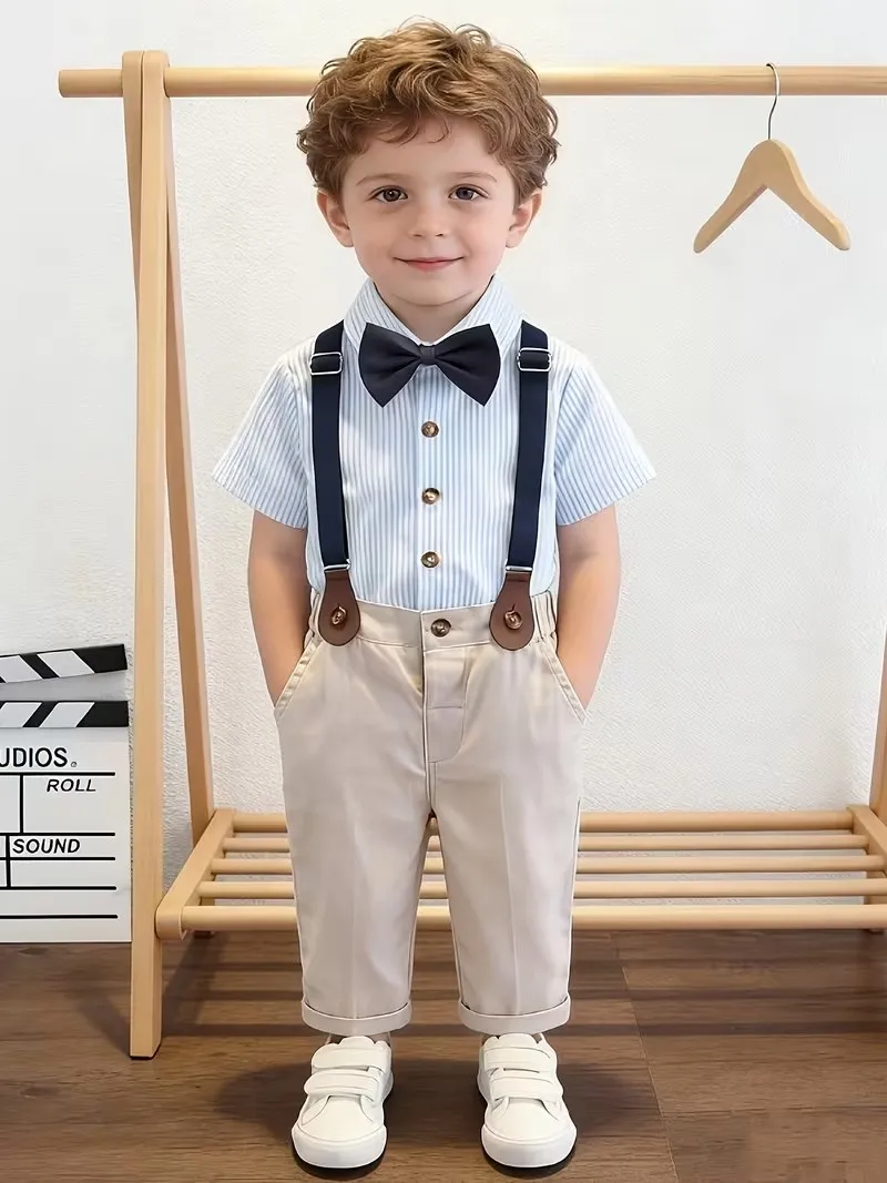 80-150 Russia Boys Summer 4Pieces/Set Shirt Pants Strap Bowtie Suit Children Photography Dress Kids Wedding Birthday Outfit