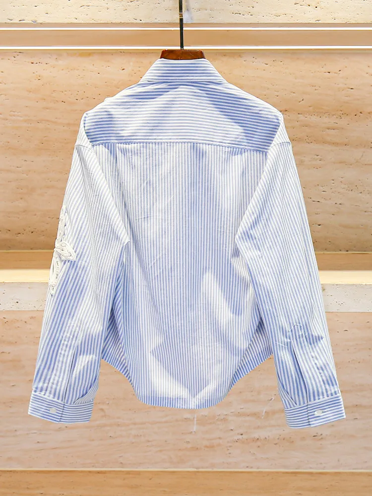 High Street Shirts Women's Autumn French Style Design Nail Bead Striped Streetwear Fashion Party Shirt Top
