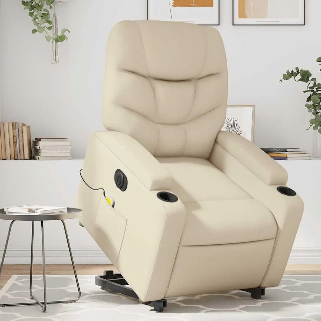 Electric Massage Recliner Chair - Cream Faux Leather Stand Up Armchair with Power Lift, Vibration Massage, Cup Holders