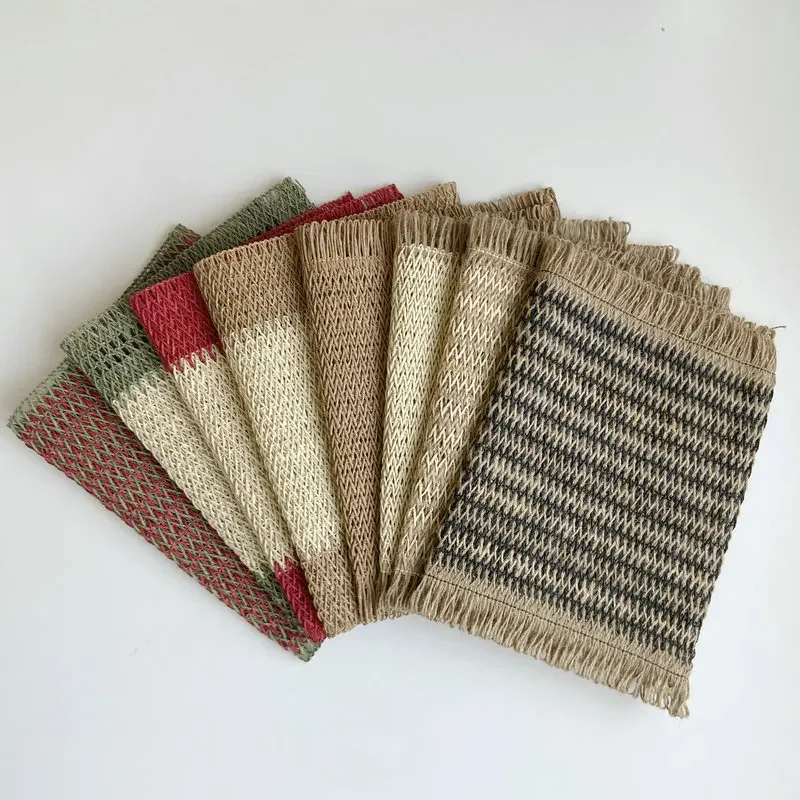 INS-Style Color-block Paper Rope Woven Placemat Heat-Resistant Holiday Decorative Mat Creative Jute Blended Table Mat