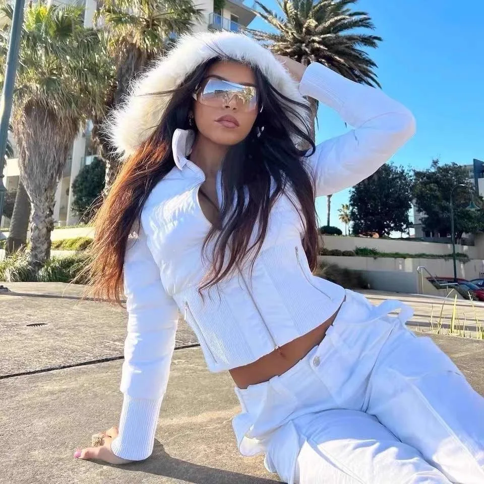 Gia autumn and winter new white short coat cotton-padded jacket with disassembled hat warm down jacket with hooded slim fit