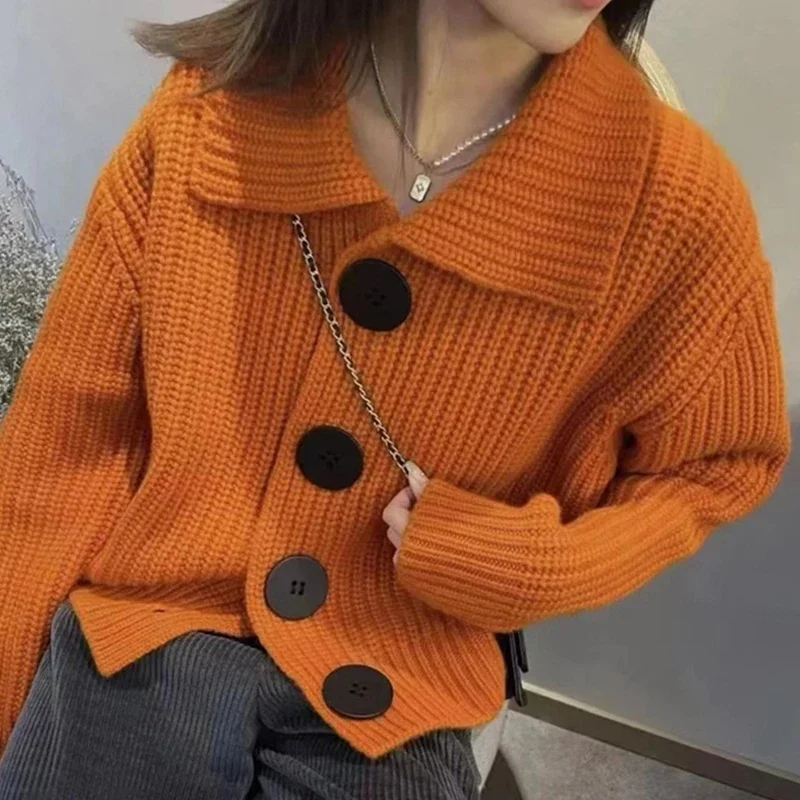 

Chic Women Turn-down Collar Knitted Cardigan Autumn Winter Big Button Loose Sweater Cardigans Korean Warm Sweaters Y2K Coat