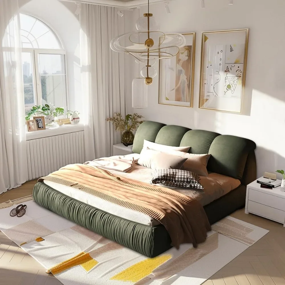 

Queen Size Upholstered Platform Bed with Oversized Padded Backrest and Solid Wood Frame for Bedroom, Apartment Room