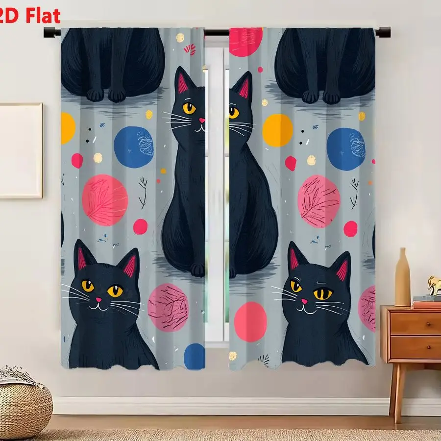 2Pcs Curtains 2D Flat Seamless Pattern With Black Cats And Colorful Yarn Balls On Gray Background Window Drapes for Bedroom Room