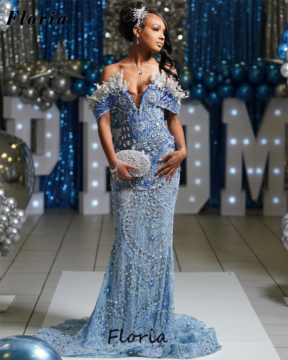 

African Blue Off Shoulder Evening Dresses Beaded Diamonds Mermaid Celebrity Dress Party Gowns 2025 Vestidos De Cóctel Customized