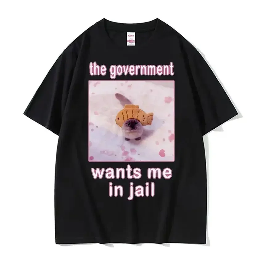 The Government Wants Me in Jail Funny Cat Meme T-shirt Men Women Fashion Cute Clothing T Shirt Casual Cotton Short Sleeve Tshirt