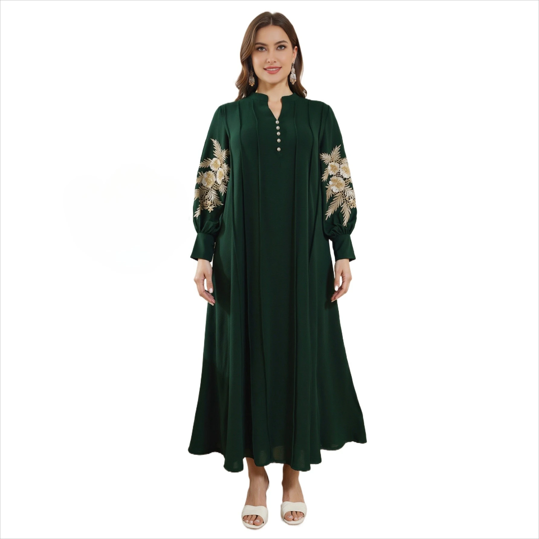 

Robe Embroidered Beads Plus Size Long Formal Party Dress Abaya Green With Long Sleeves