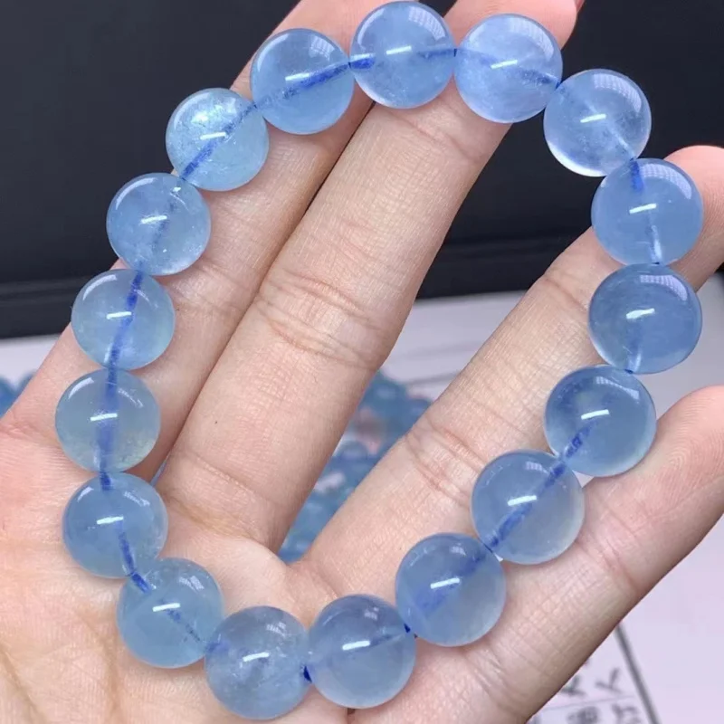 

Natural Aquamarine , Ocean Blue Single-Loop Round Bead Bracelet, Fashion Accessory
