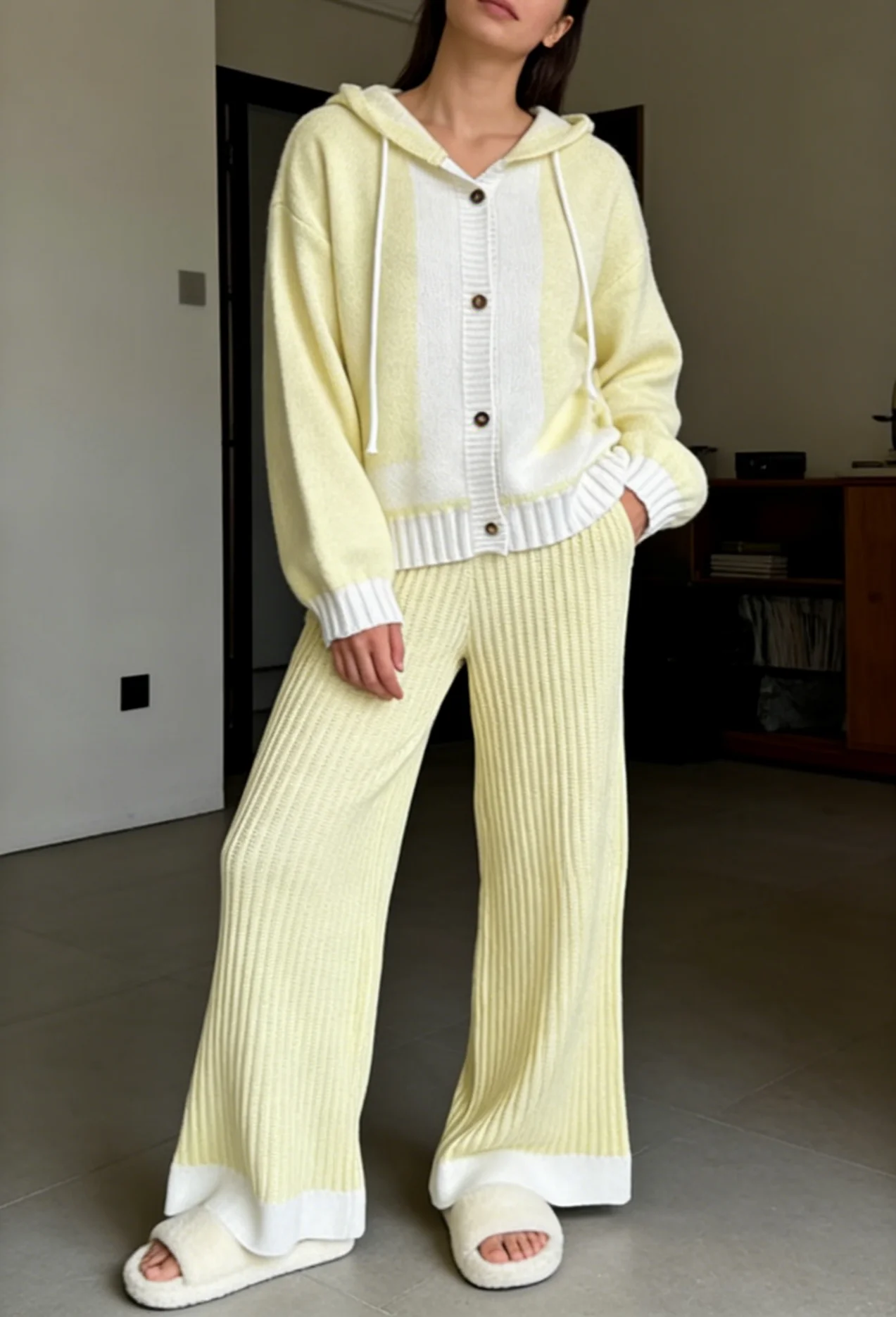 

Women's color-blocked drawstring hooded sweater two-piece set with cardigan top + pants, casual elegant style design