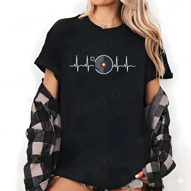 Men Women Fashion Summer Cotton T Shirts Black Vinyl Record Electrocardiogram Line Print Shirts Unisex Short Sleeve Graphic Tees