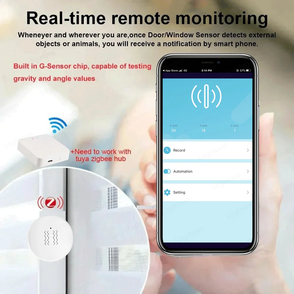 Tuya ZigBee 진동 기울기 센서, 문짝 창문 경보 감지, 스마트 홈 자동화 보안 보호 시스템, 알렉사 구글