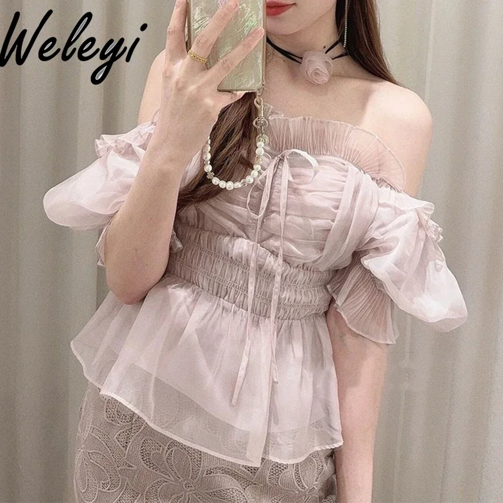 

Japanese Woman Sweet Off-the-shoulder Lace-up Shirts Spring and Summer New Waist Slash Collar Pure Lust Tulle Top Blusa Feminina