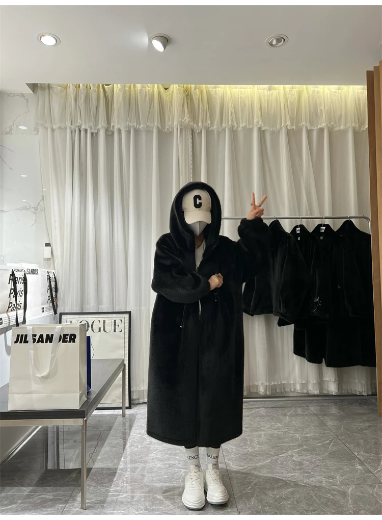 Lautaro Winter Long Oversized Warm Thick Blue White Fluffy Faux Fur Coat Women with Hood 2022 Loose Casual Korean Style Fashion