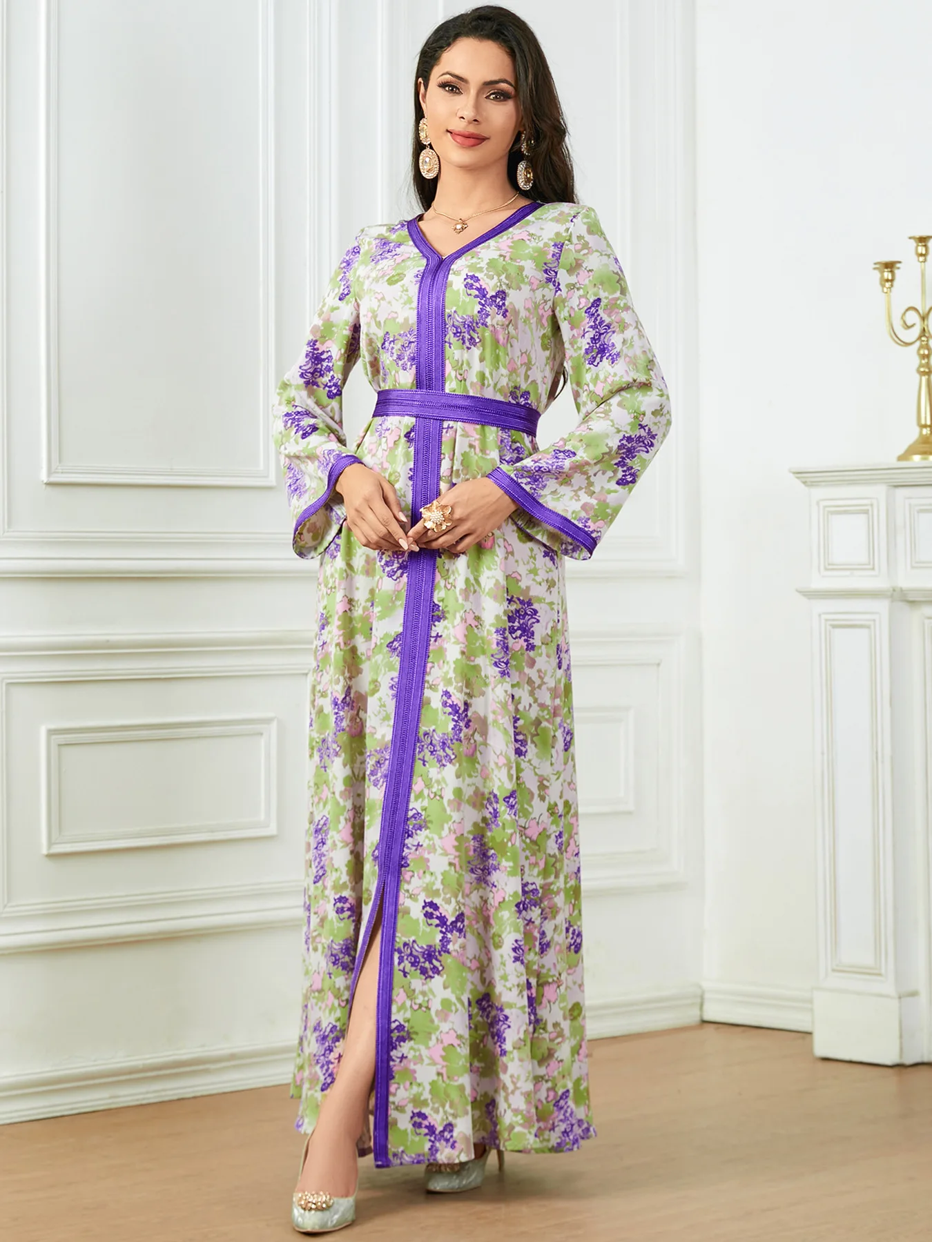 

Eid Abayas Floral Print Maxi Dresses Long Sleeve Belted Kaftan Turkish Gown for Women Jalabiya Muslim Dubai Abaya Robe Djellaba